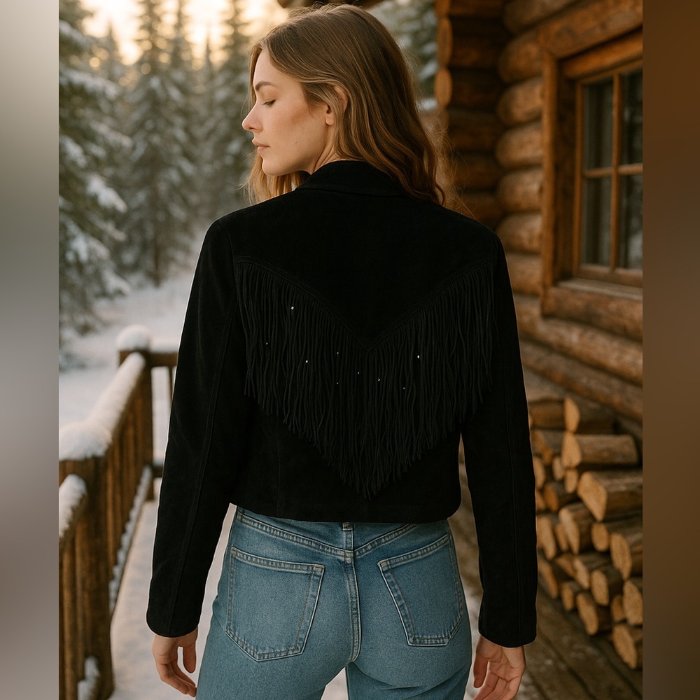 SAGUARO Vintage Black Leather‎ Suede Fringe Beaded Western Cowboy Jacket Concho